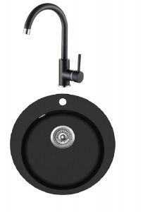 Einbau Granitspüle Gurari  SRR 100 - 601 W ,  Schwarz+5523-601 Messingarmatur, Schwenkbereich 360°