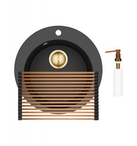Gurari SR 100 - 601 W Einbau Granitspüle Retro Design Schwarz metallic Gold + RM-2845-C Aufrollbare Abtropfmatte+DH C Seifenspender