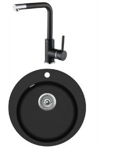 Einbau Granitspüle Gurari  SRR 100 - 601 W, Schwarz + 5553-601 Messing-Armatur, Schwenkbereich 360°