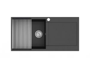 Einbau Granitspüle Gurari SQT 103 -601 AWP Schwarz metallic inkl. Siphon+RM-2845 Aufrollbare Abtropfmatte