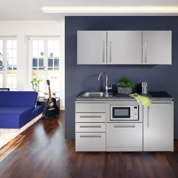 STENGEL Küchenzeile SOFIA 160 cm Singleküche aus Metall, Küchenblock mit Elektrogeräten: Kühlschrank, Spülmaschine, Mikrowelle und Induktionskochfeld