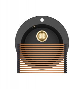 Gurari SR 100 - 601 W Einbau Granitspüle Retro Design Schwarz metallic Gold + RM-2845-C Aufrollbare Abtropfmatte