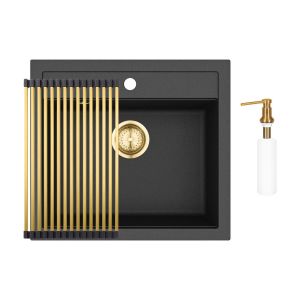 Gurari SQQ100 - 601 Einbau Granitspüle Retro Design +RM-2845-G  Aufrollbare Abtropfmatte+DH G Seifenspender