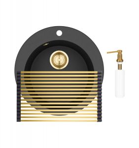Gurari SR 100 - 601 W Einbau Granitspüle Retro Design Schwarz metallic Gold + RM-2845-G Aufrollbare Abtropfmatte+ DH G Seifenspender