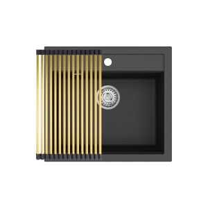 Gurari SQQ100 - 601 Einbau Granitspüle  Schwarz metallic+RM-2845-G  Aufrollbare Abtropfmatte