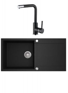 Einbau Granitspüle Gurari  SQT 103 -601 AWP, Schwarz + 5553-601 Messing-Armatur, Schwenkbereich 360°