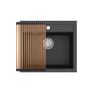 Gurari SQQ100 - 601 Einbau Granitspüle  Schwarz metallic+RM-2845-C  Aufrollbare Abtropfmatte