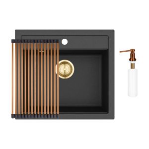 Gurari SQQ100 - 601 Einbau Granitspüle Retro Design +RM-2845-C  Aufrollbare Abtropfmatte+DH C Seifenspender