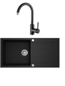 Einbau Granitspüle Gurari  SQT 103 -601 AWP , Schwarz+5523-601 Messingarmatur, Schwenkbereich 360°