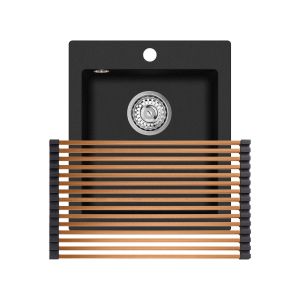 Einbau Granitspüle Gurari SQS 100 -601 AW, Schwarz, inkl. Siphon+RM-2845-C Aufrollbare Abtropfmatte