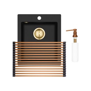 Einbau Granitspüle Gurari  SQS 100 -601 Retro Schwarz+RM-2845-C Aufrollbare Abtropfmatte+DH C Seifenspender