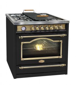 Kaiser HGE 93555 Em Turbo Gas-Elektro-Standherd 90 cm Retro Schwarz, freistehend, großer 115 L Backofen, Erdgas/Propangas, katalytische Reinigung