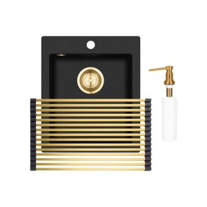 Einbau Granitspüle Gurari  SQS 100 -601 Retro Schwarz+RM-2845-G Aufrollbare Abtropfmatte+DH G Seifenspender
