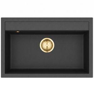 Einbau Granitspüle Gurari SQQ103-601W Schwarz Gold Design, Retro Spüle, inkl. Siphon,795 x 505 Einzelbecken