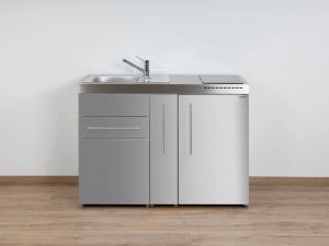 Stengel Miniküche Premiumline MP 120 A Edelstahl mit Kühlschrank, Ausziehschrank und  Glaskeramikkochfeld