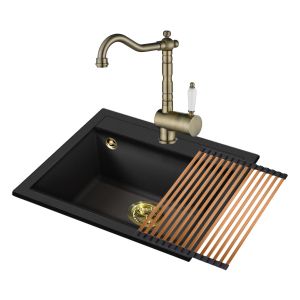 Einbau Granitspüle Gurari SQQ100 - 601+Vintage, Retro Küchenarmatur TAP 2473-311+Aufrollbare Abtropfmatte RM-2845-C