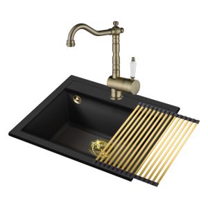 Einbau Granitspüle Gurari SQQ100 - 601+Vintage, Retro Küchenarmatur TAP 2473-311+Aufrollbare Abtropfmatte RM-2845-G