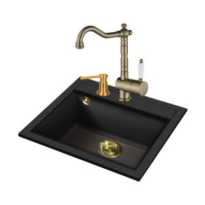 Einbau Granitspüle Gurari SQQ100 - 601+Vintage, Retro Küchenarmatur TAP 2473-311+Seifenspender DH G