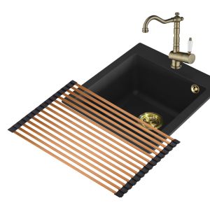 Einbau Granitspüle Gurari SQS 100 -601 Retro+Vintage, Retro Küchenarmatur TAP 2473-311+Aufrollbare Abtropfmatte RM-2845-C