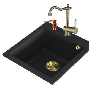 Einbau Granitspüle Gurari SQS 100 -601 Retro+Vintage, Retro Küchenarmatur TAP 2473-311+Seifenspender DH C
