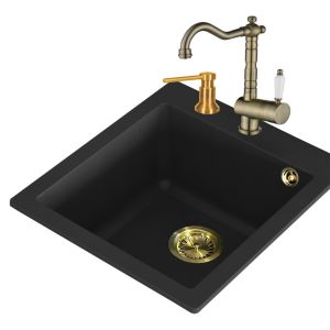 Einbau Granitspüle Gurari SQS 100 -601 Retro+Vintage, Retro Küchenarmatur TAP 2473-311+Seifenspender DH G