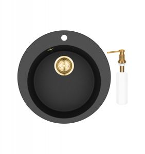 Gurari SR 100 - 601 W Einbau Granitspüle Retro Design Schwarz metallic Gold +DH-G Seifenspender