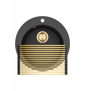 Gurari SR 100 - 601 W Einbau Granitspüle Retro Design Schwarz metallic Gold + RM-2845-G Aufrollbare Abtropfmatte