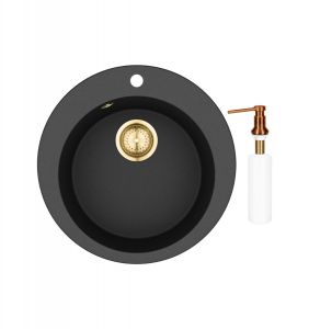 Gurari SR 100 - 601 W Einbau Granitspüle Retro Design Schwarz metallic Gold +DH-C Seifenspender