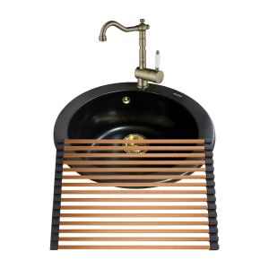 Gurari Einbau Granitspüle SR 100-601 W+Vintage Retro Küchenarmatur TAP 2473-311+Aufrollbare Abtropfmatte RM-2845-C