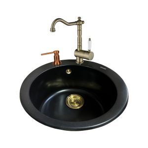 Gurari Einbau Granitspüle SR 100-601 W+Vintage Retro Küchenarmatur TAP 2473-311+Seifenspender DH C