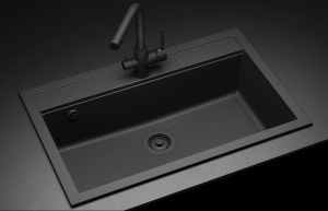 Einbau Granitspüle Gurari SQQ103-601 Full black, Schwarz, inkl. Siphon,795 x 505 Einzelbecken
